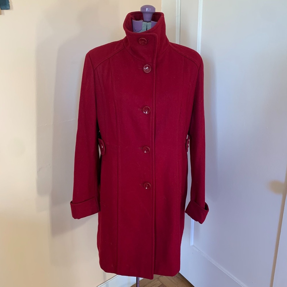 Kenneth Cole Reaction Red Wool Blend Funnel Neck Mid Length Trench Coat L Classy